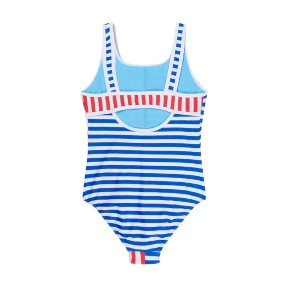 Speedo Girl’s Swimsuit One Piece Blue and Red Stripes Size 14 NWT UPF 50+
